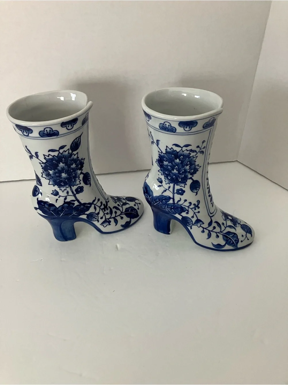 Vintage Blue and White Floral Boot Vases